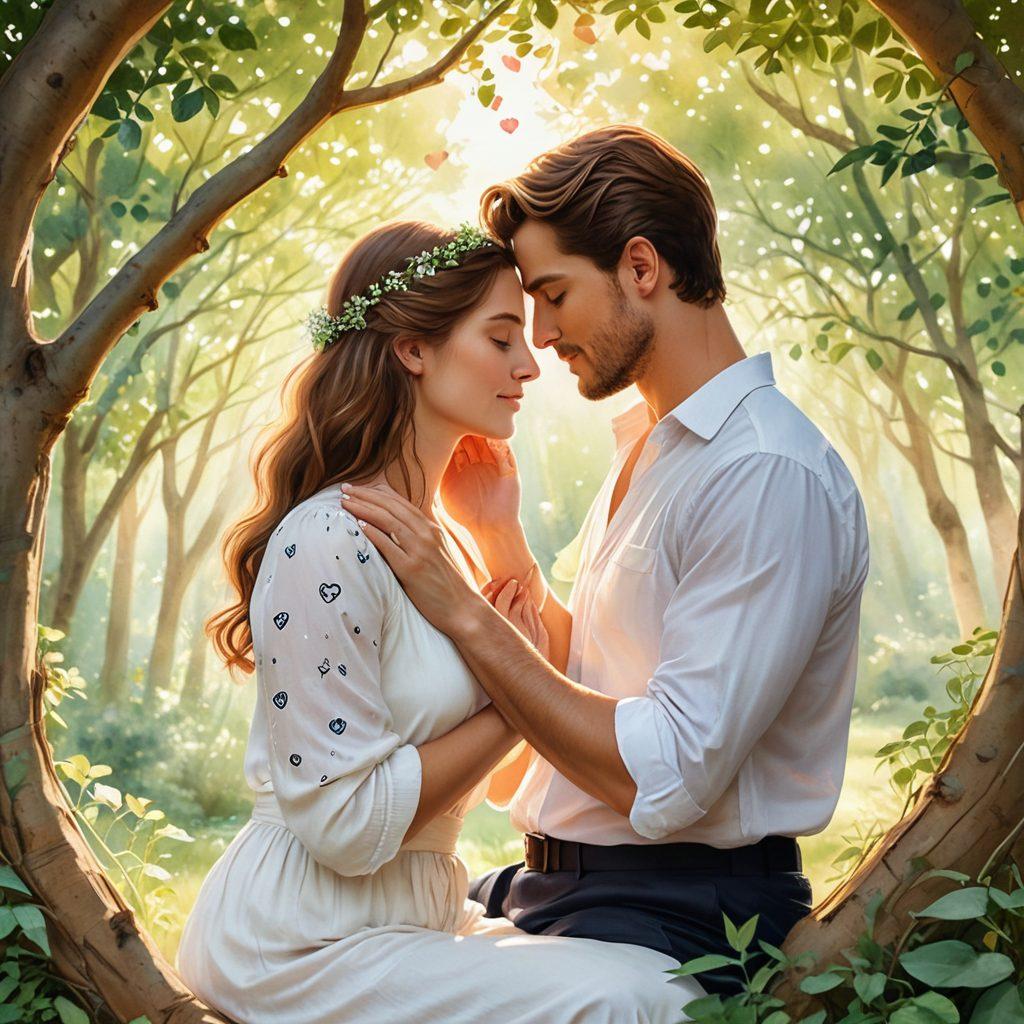 A serene couple sitting together, embracing with warmth, surrounded by a shield made of various insurance symbols like hearts and anchors representing emotional security. Soft sunlight filters through trees, casting gentle shadows, enhancing the atmosphere of love and protection in their partnership. In the background, there are subtle hints of their life together, like framed photographs and intertwined hands. watercolor style. soothing colors.