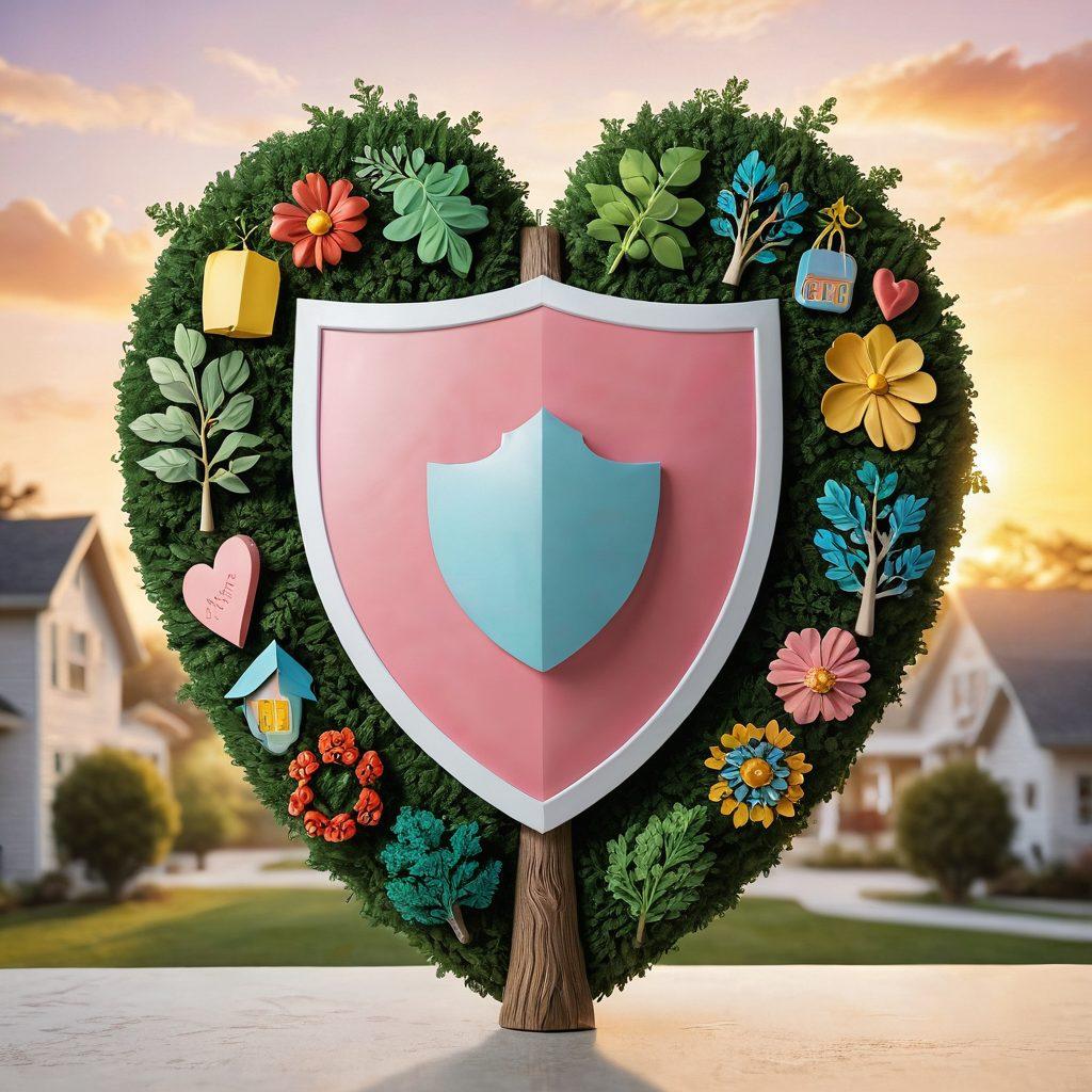 A heart-shaped shield symbolizing love and protection, surrounded by symbols of family like a home, children playing, and a tree. In the background, a sunrise representing hope and a secure future. The shield is adorned with insurance-related icons like policies and money. Soft pastel colors to evoke warmth and security. super-realistic. vibrant colors.