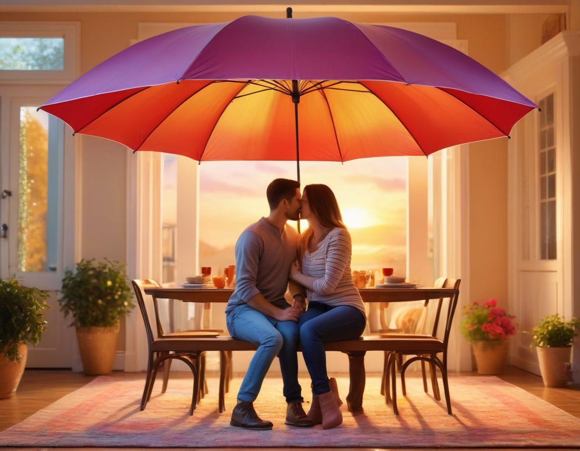 A warm, cozy scene depicting a couple embracing under a protective umbrella that symbolizes insurance, surrounded by elements of love such as hearts and family photos. The background features a safe home environment evoking a sense of security and comfort, with soft glows of sunset illuminating the scene. super-realistic. vibrant colors. heartwarming atmosphere.